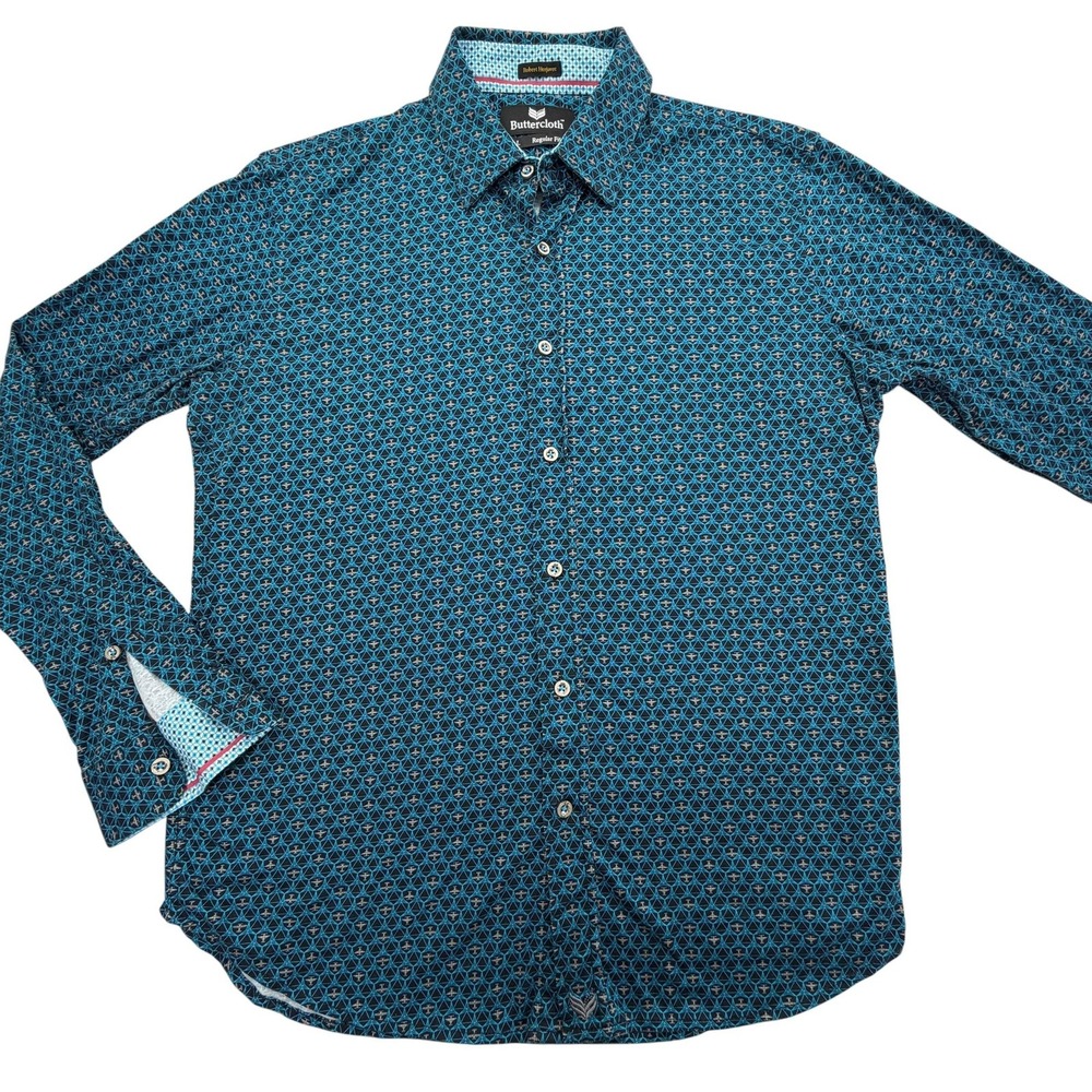 Buttercloth Shirt Mens L Blue Long Sleeve Button Up Geometric Print Cotton